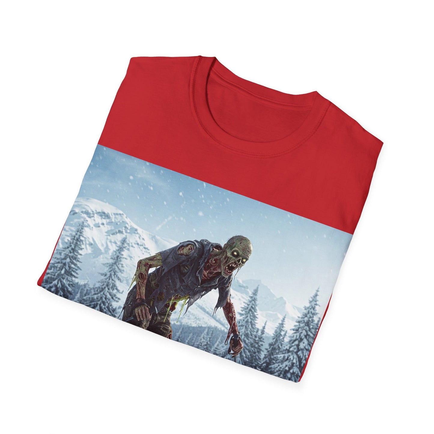 UK - Skiing Zombie Unisex Softstyle T-Shirt - Perfect for Winter Fun & Halloween Enthusiasts