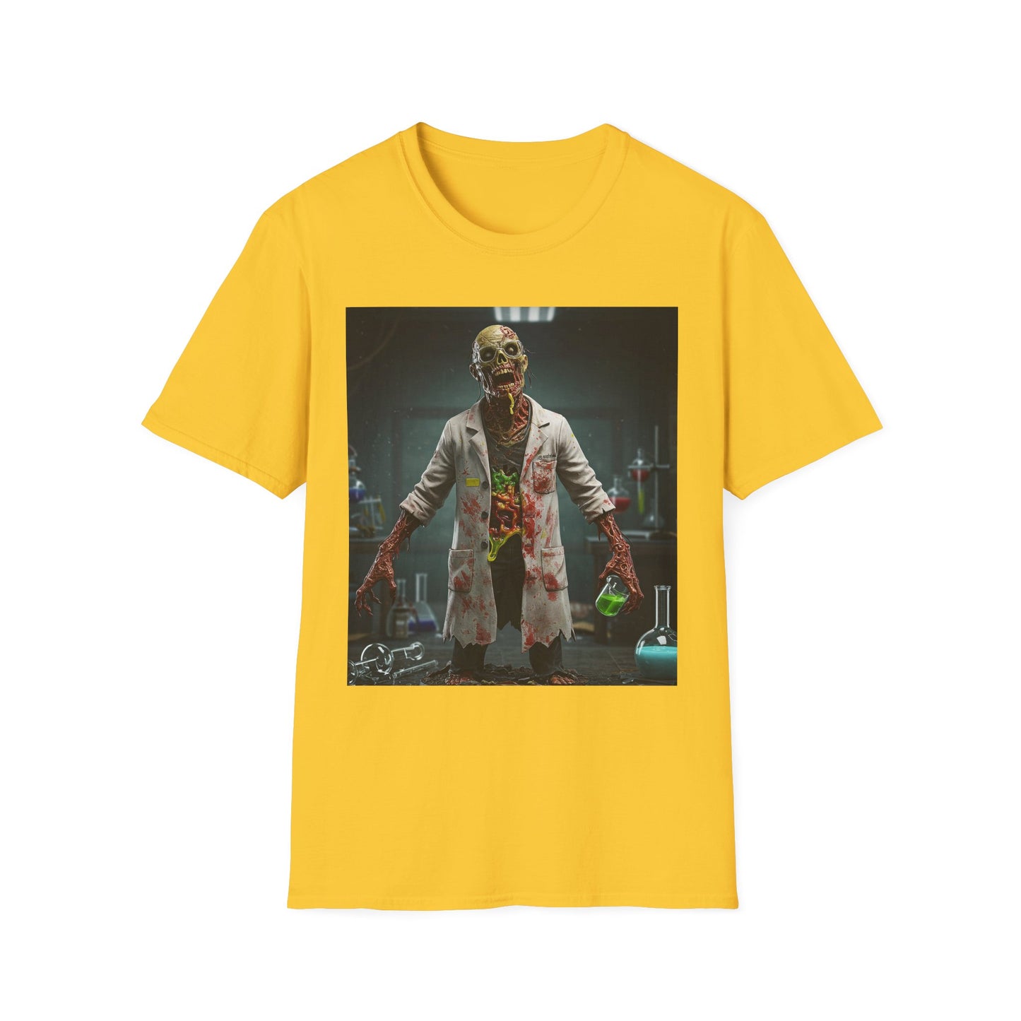 Zombie Scientist Unisex Softstyle T-Shirt - Perfect for Halloween and Horror Fans