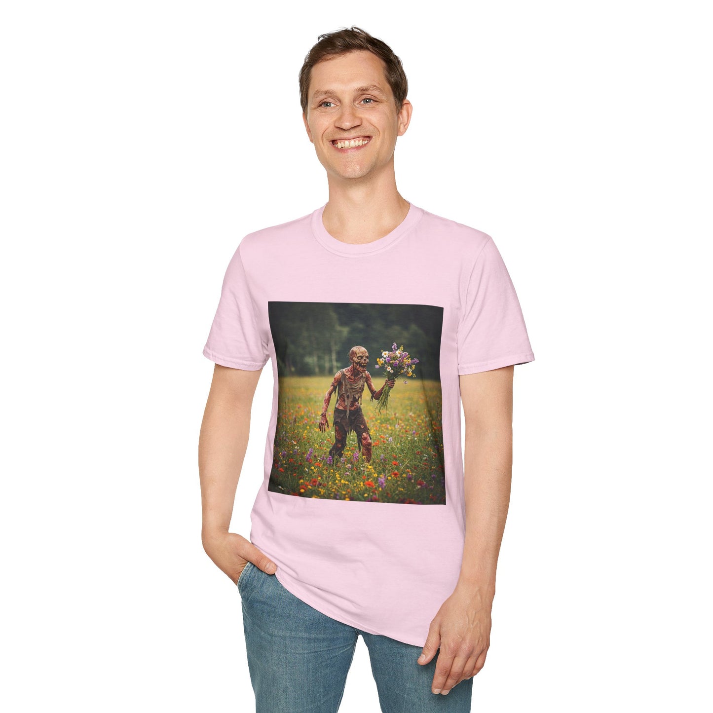 Zombie in Bloom Unisex Softstyle T-Shirt – Perfect for Halloween and Unique Gift Ideas