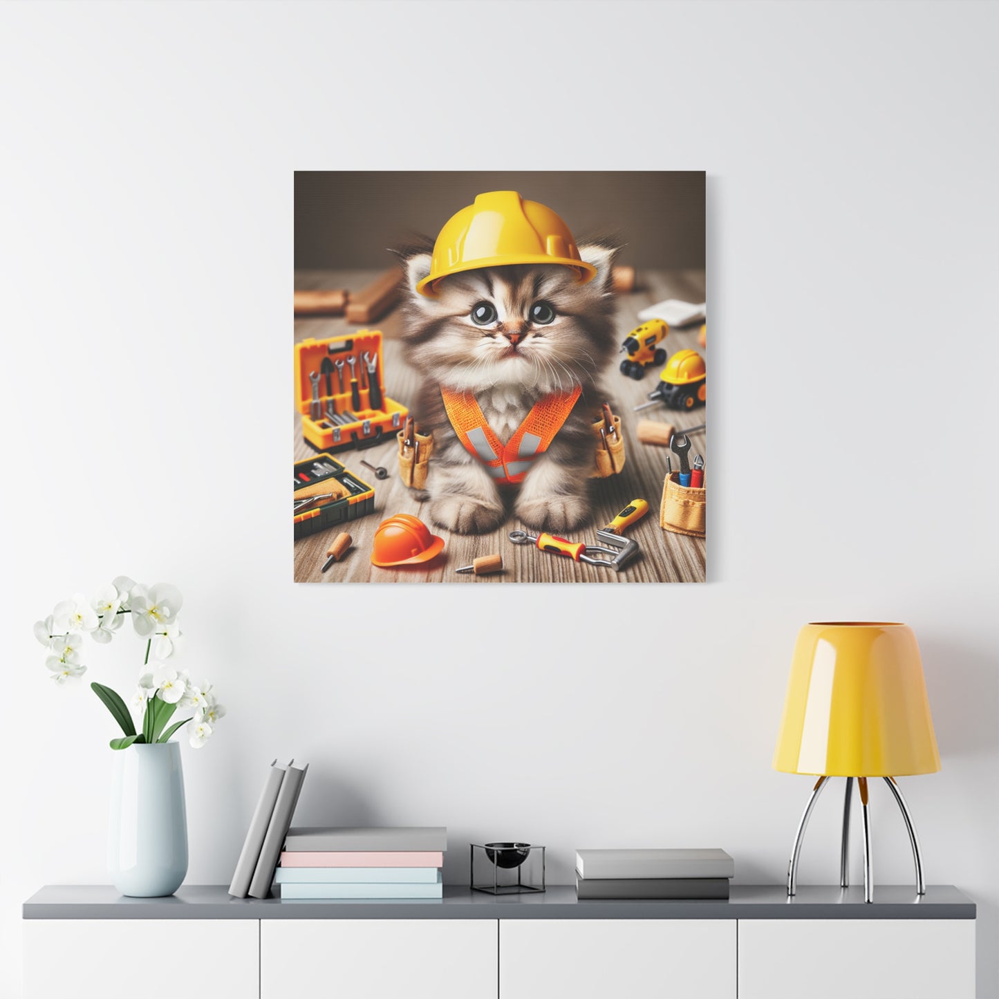 Cute Cat Construction Canvas Art - 12x12 Stretched Matte Wall Decor