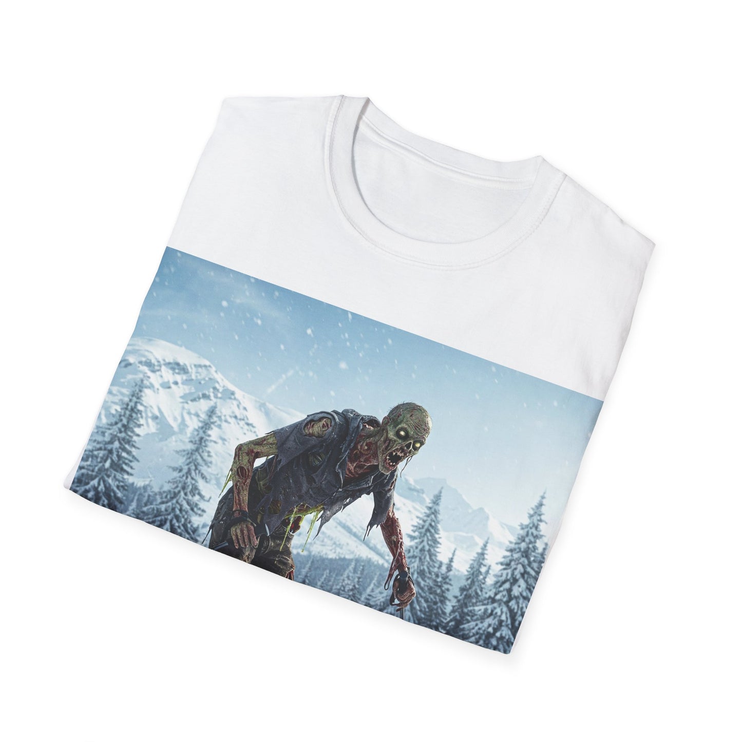UK - Skiing Zombie Unisex Softstyle T-Shirt - Perfect for Winter Fun & Halloween Enthusiasts