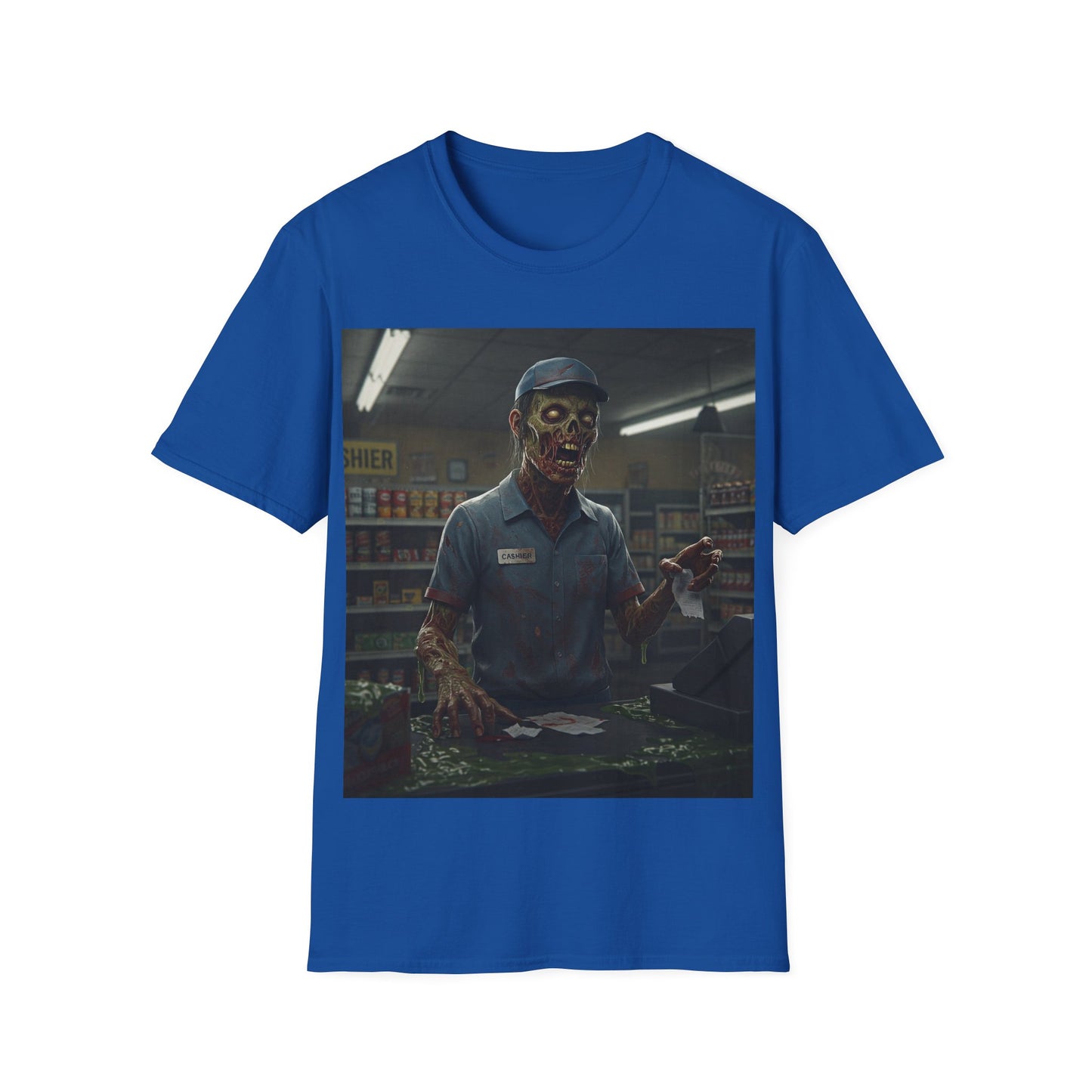 UK - Horror-Inspired Unisex Softstyle T-Shirt - Creepy Grocery Clerk Design