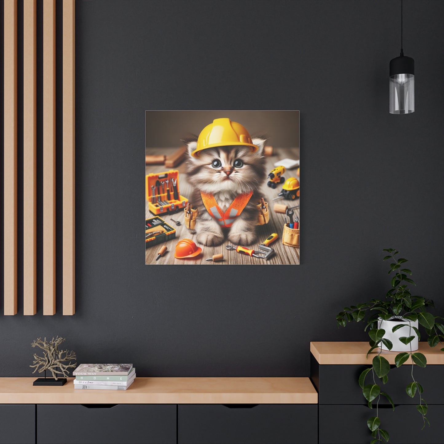 Cute Cat Construction Canvas Art - 12x12 Stretched Matte Wall Decor