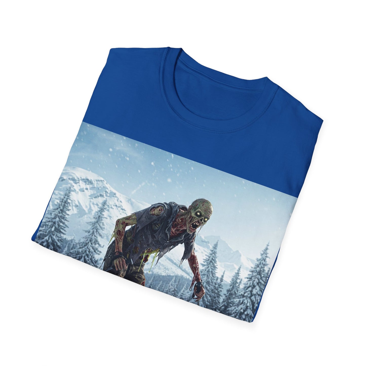 UK - Skiing Zombie Unisex Softstyle T-Shirt - Perfect for Winter Fun & Halloween Enthusiasts
