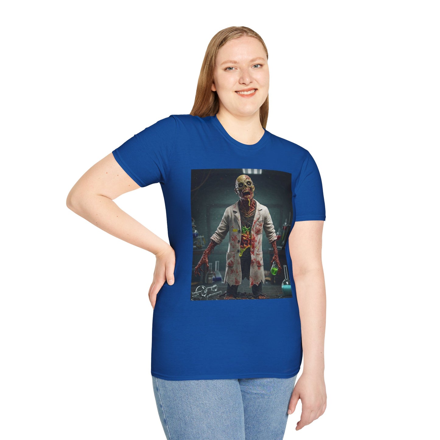 Zombie Scientist Unisex Softstyle T-Shirt - Perfect for Halloween and Horror Fans