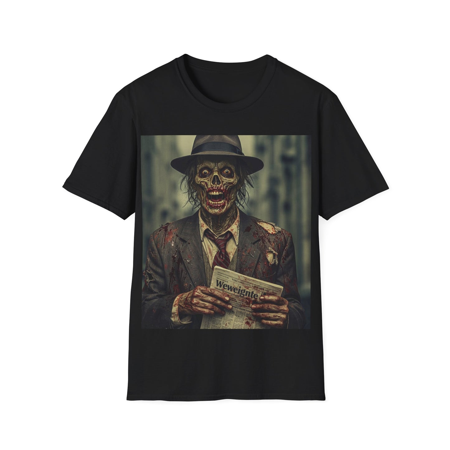 UK - Skeleton News Reporter Unisex Softstyle T-Shirt - Spooky Halloween Vibe