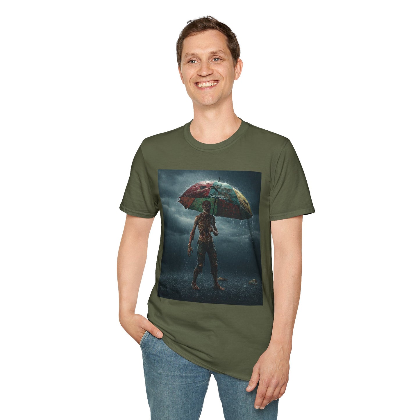 Unisex Softstyle T-Shirt - Creepy Skeleton with Umbrella Design - Perfect for Halloween
