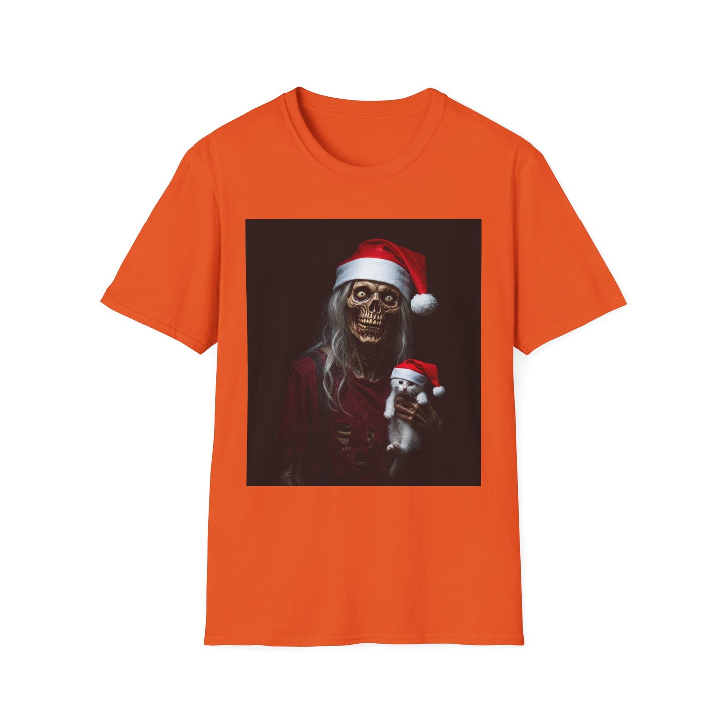 Cat Funny Skeleton Santa Apocalyptic Portrait Tee, bold, decaying zombie graphic