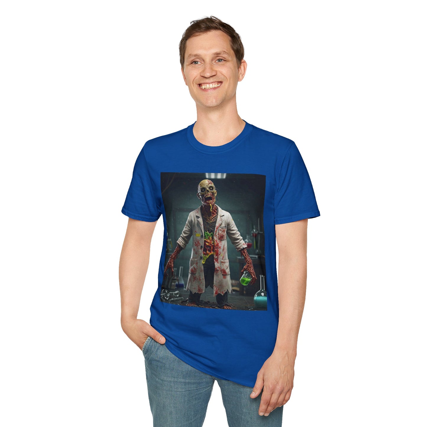 Zombie Scientist Unisex Softstyle T-Shirt - Perfect for Halloween and Horror Fans