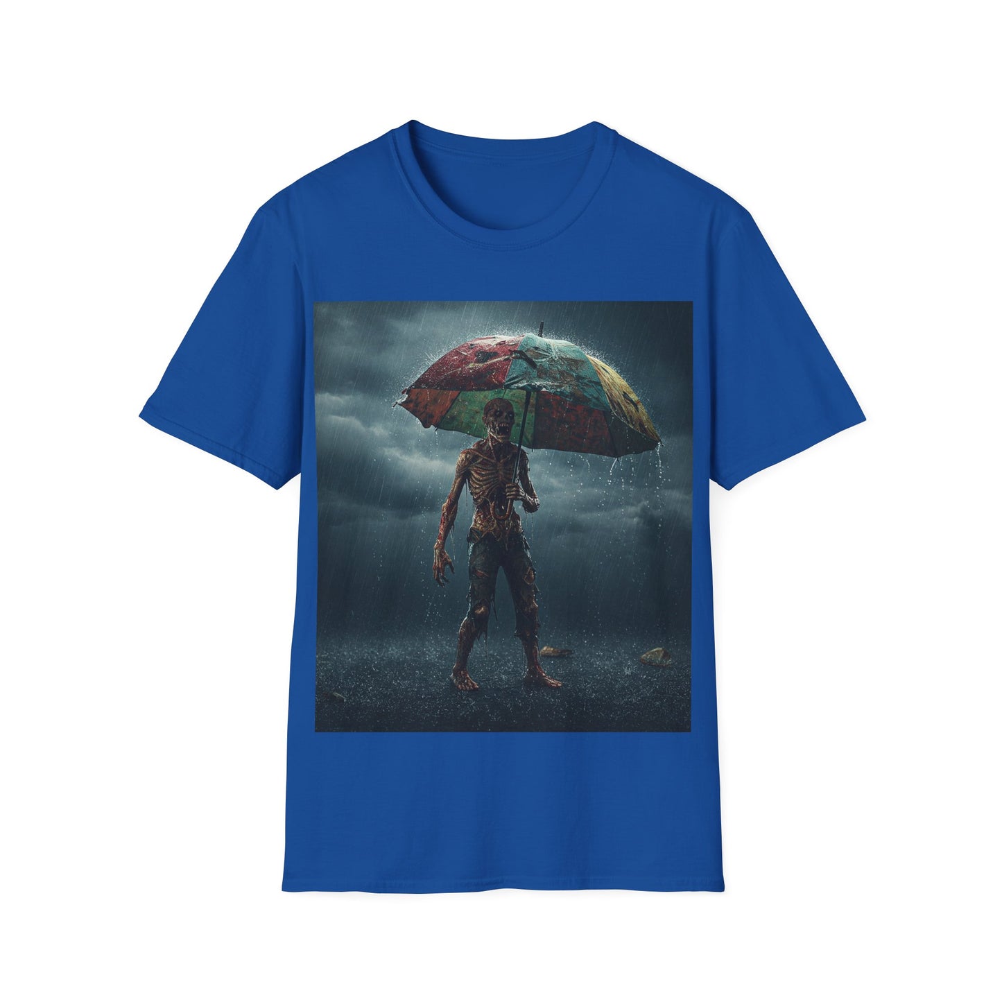 UK - Unisex Softstyle T-Shirt - Creepy Skeleton with Umbrella Design - Perfect for Halloween