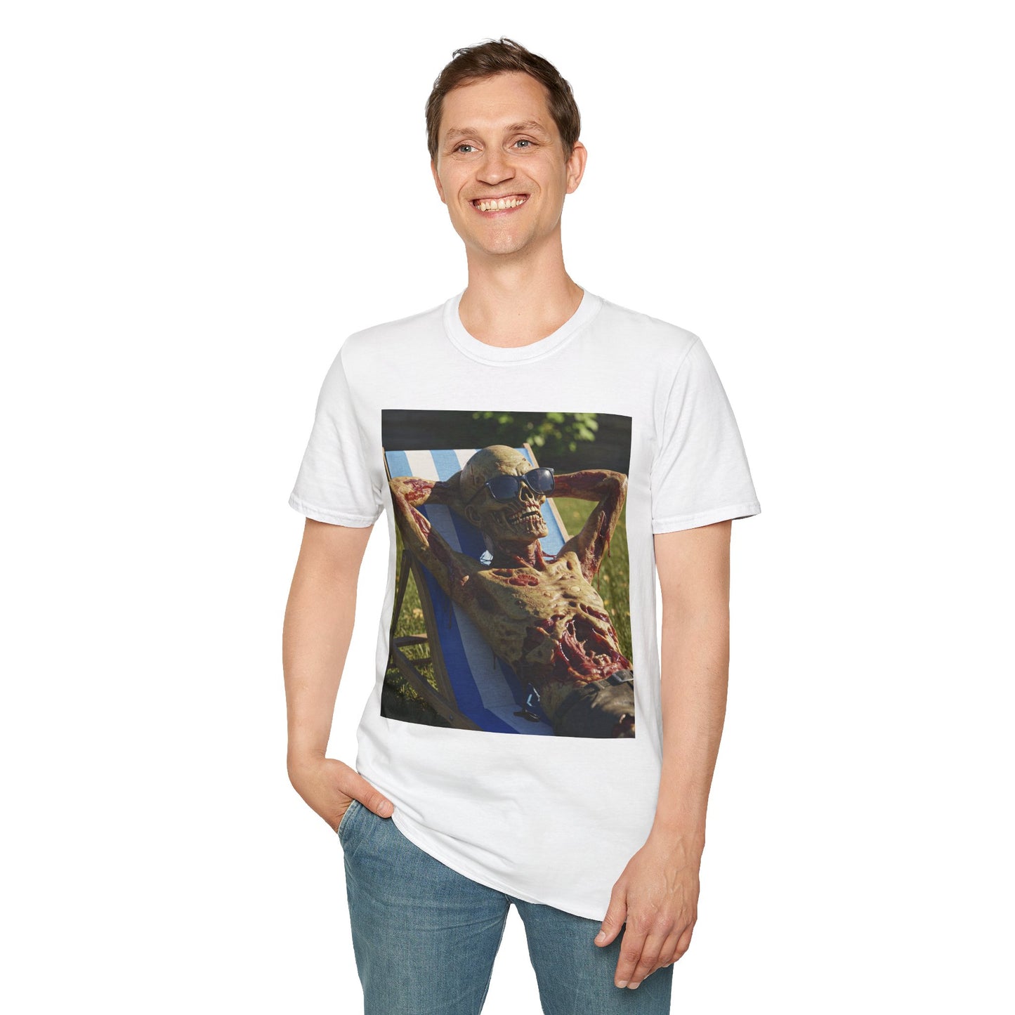 Chillin' Skeleton Unisex Softstyle T-Shirt - Casual Halloween Vibe