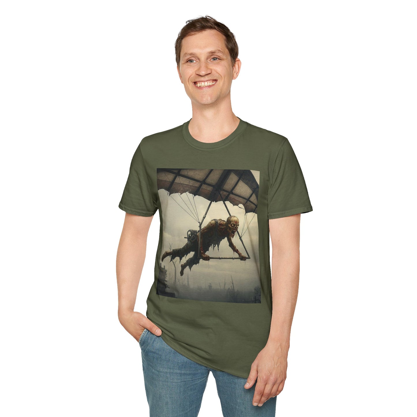Zombie Parachute Unisex Softstyle T-Shirt - Perfect for Halloween and Horror Fans