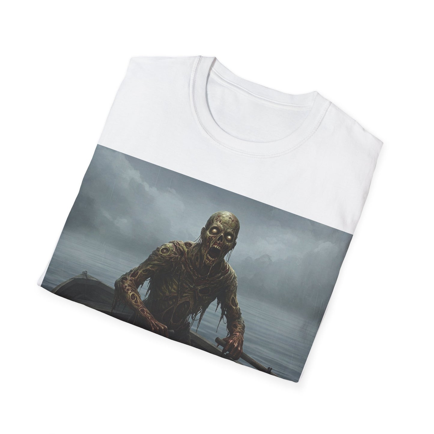 UK - Zombie Rowboat Unisex Softstyle T-Shirt - Spooky Graphic Tee for Halloween Fans