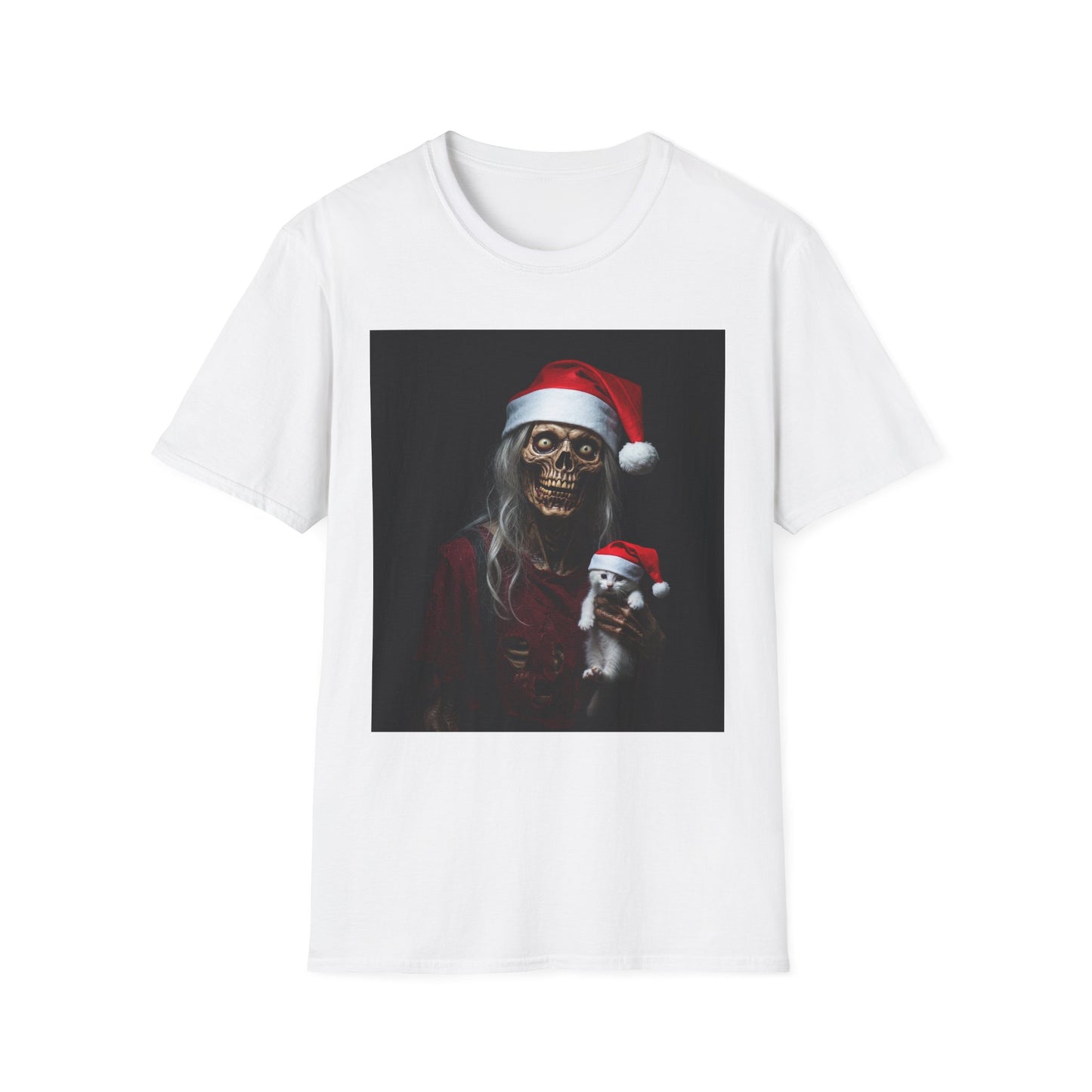 Cat Funny Skeleton Santa Apocalyptic Portrait Tee, bold, decaying zombie graphic