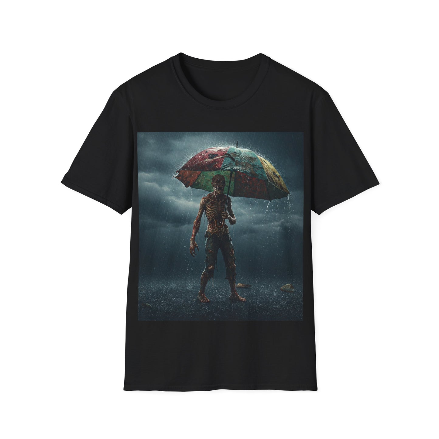 UK - Unisex Softstyle T-Shirt - Creepy Skeleton with Umbrella Design - Perfect for Halloween