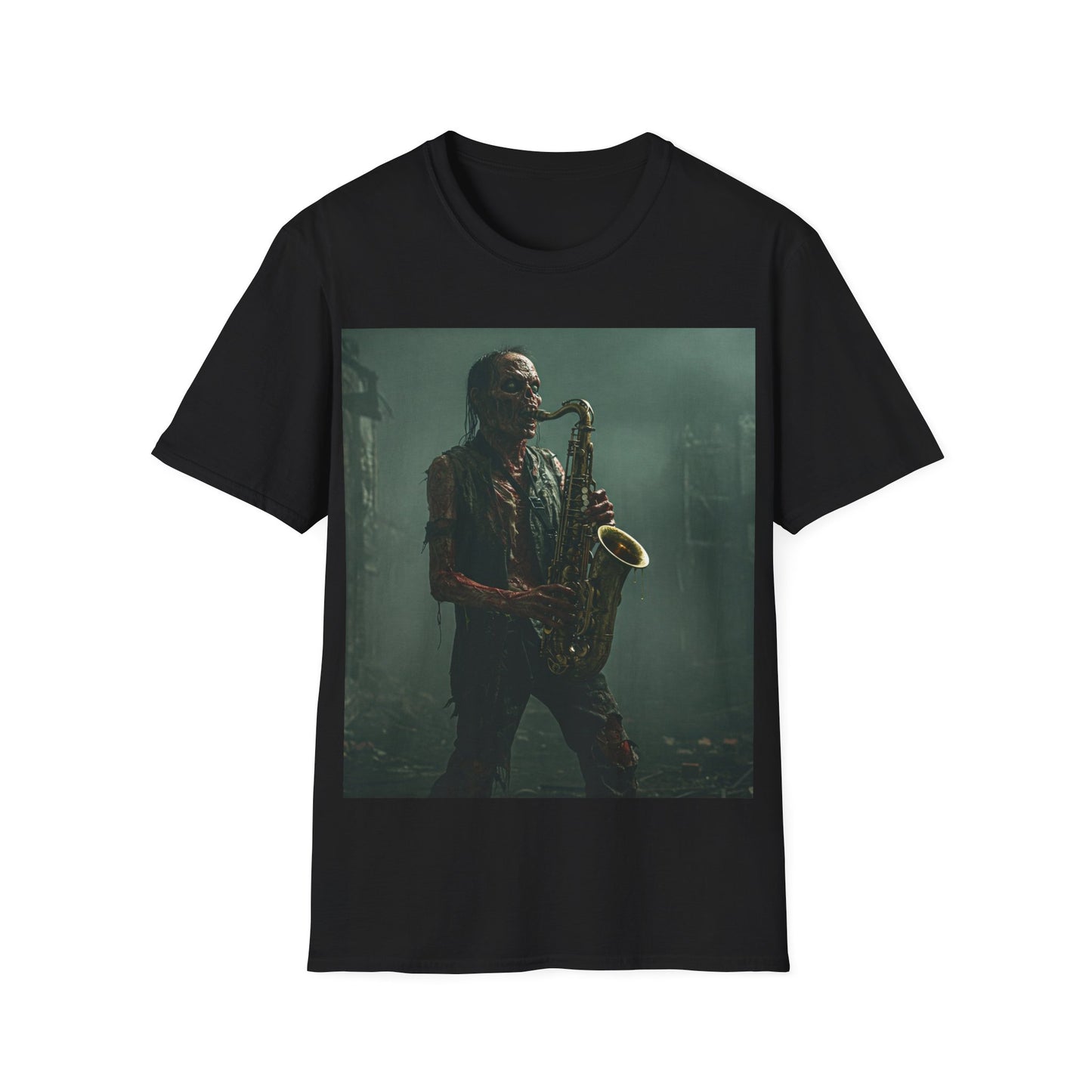 UK - Zombie Jazz Musician Apocalyptic Portrait Tee, bold, decaying zombie graphic