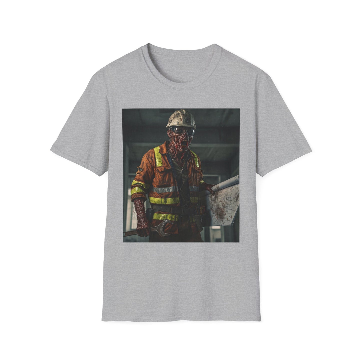 Creepy Construction Worker Graphic Tee | Unisex Softstyle T-Shirt | Perfect for Halloween and Horror Fans