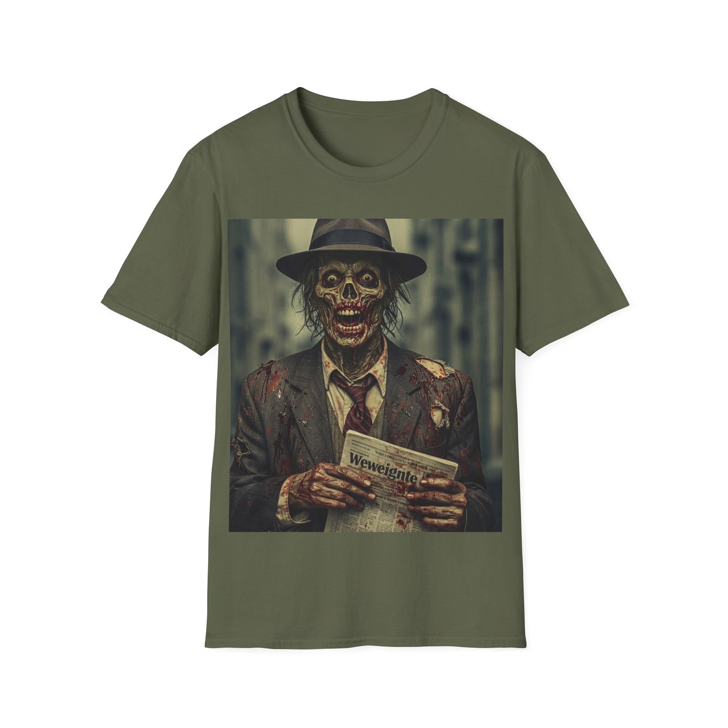 UK - Skeleton News Reporter Unisex Softstyle T-Shirt - Spooky Halloween Vibe