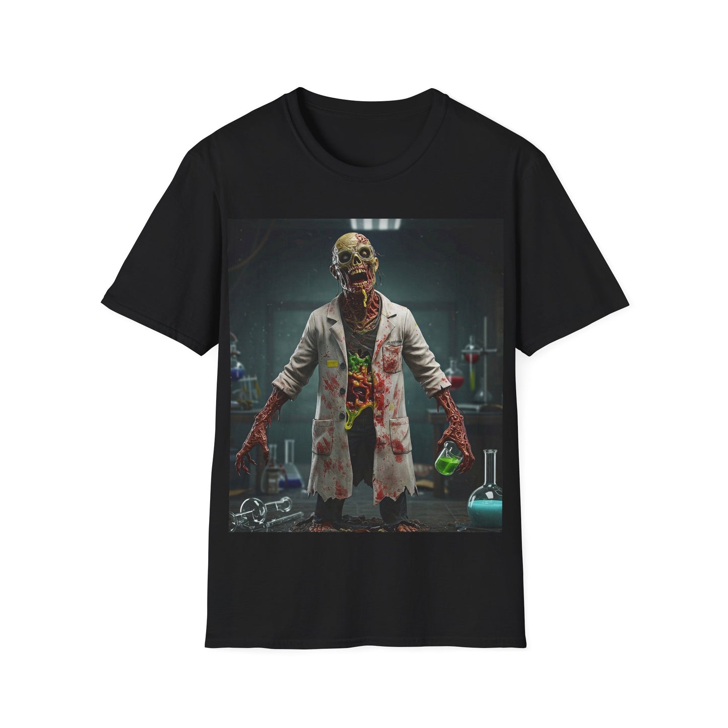 UK - Zombie Scientist Unisex Softstyle T-Shirt - Perfect for Halloween and Horror Fans