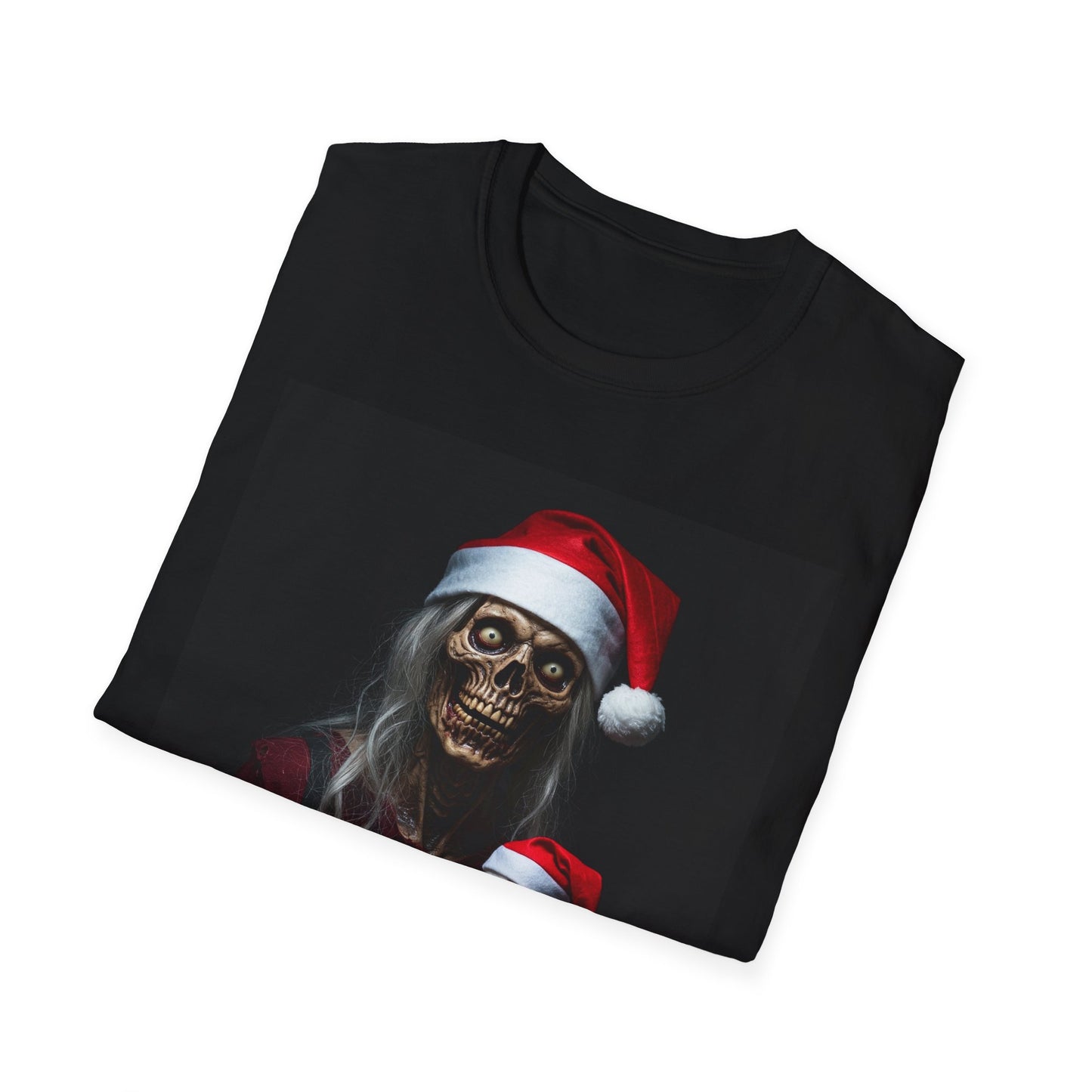 Cat Spooky Santa Skeleton Apocalyptic Portrait Tee, bold, decaying zombie graphic