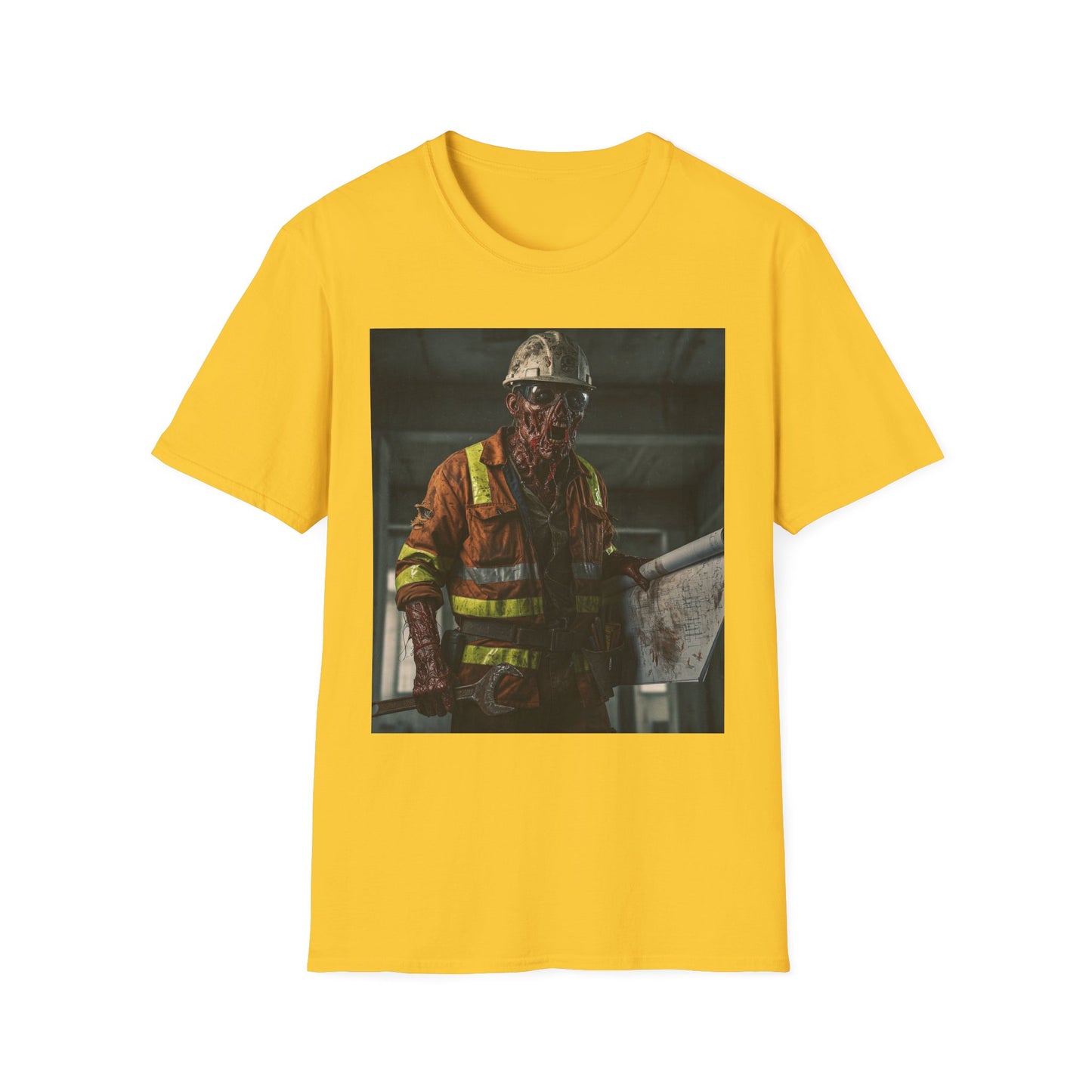 Creepy Construction Worker Graphic Tee | Unisex Softstyle T-Shirt | Perfect for Halloween and Horror Fans