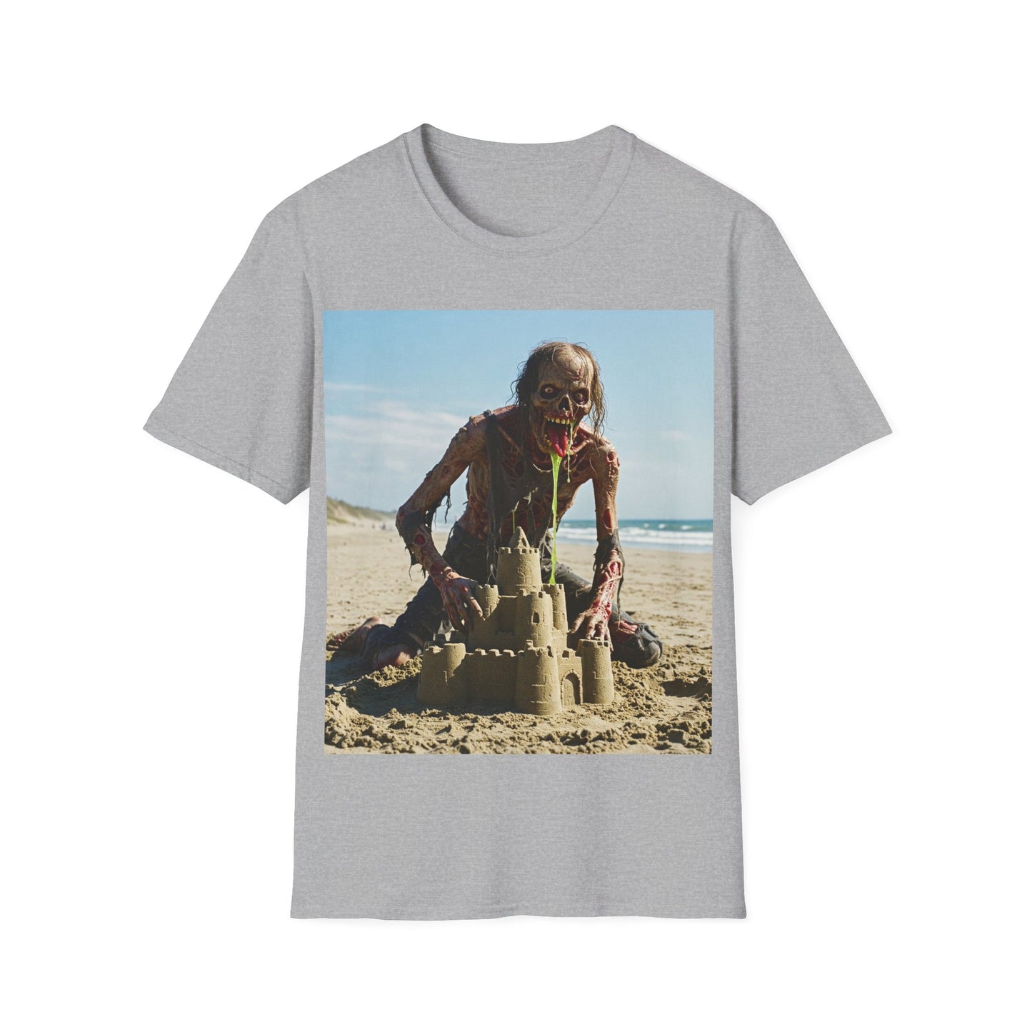 UK - Zombie Sandcastle Unisex Softstyle T-Shirt | Fun Beach Horror Tee