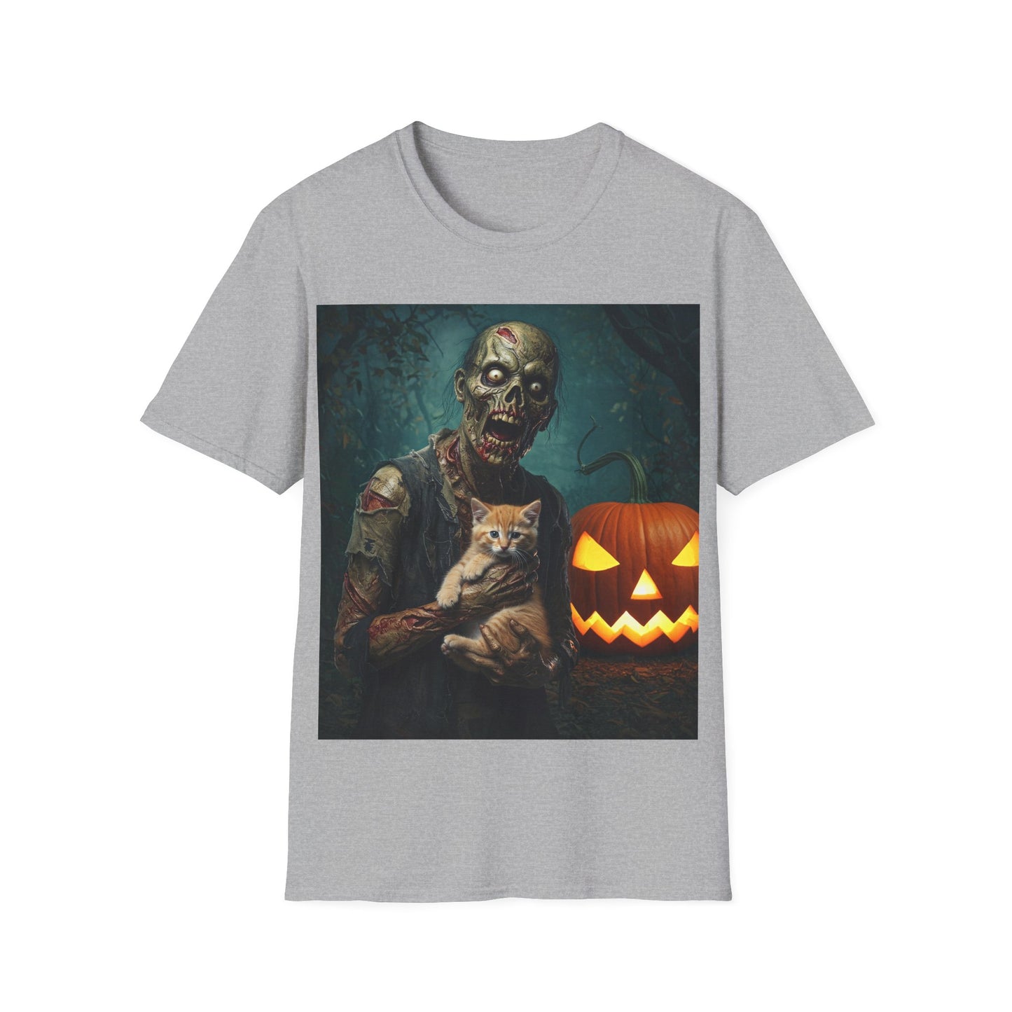 UK - Spooky Cat and Zombie Unisex Softstyle T-Shirt for Halloween