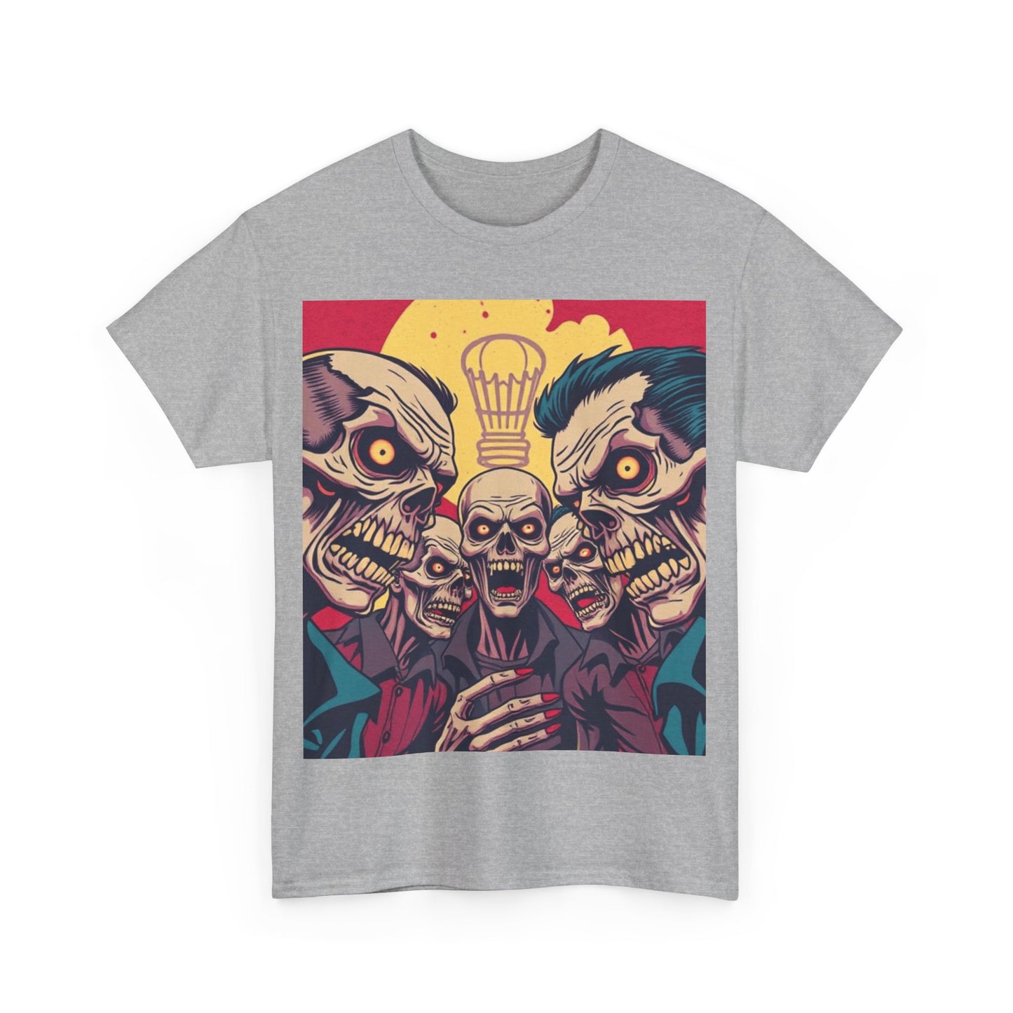 UK - Graphic Unisex Heavy Cotton Tee - Skull & Zombie Design, Perfect for Halloween and Horror Fans