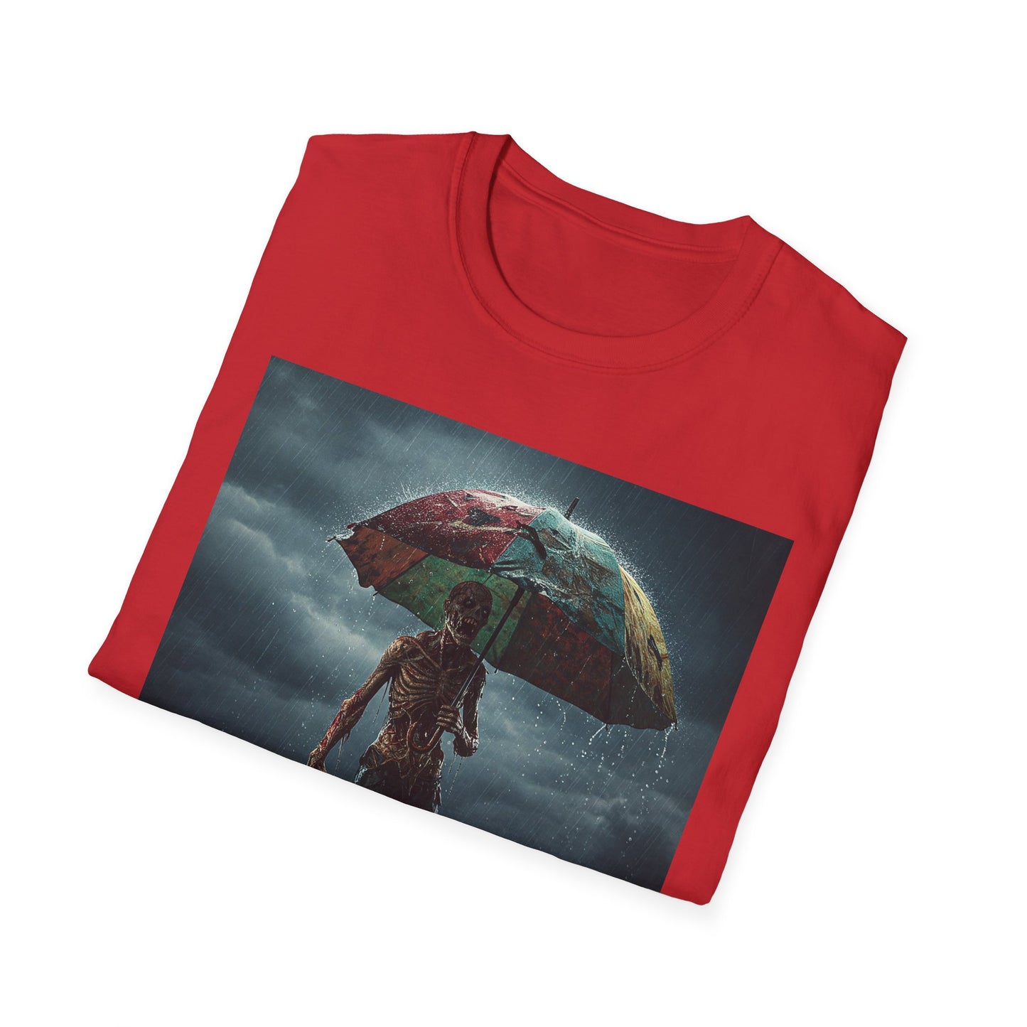 Unisex Softstyle T-Shirt - Creepy Skeleton with Umbrella Design - Perfect for Halloween