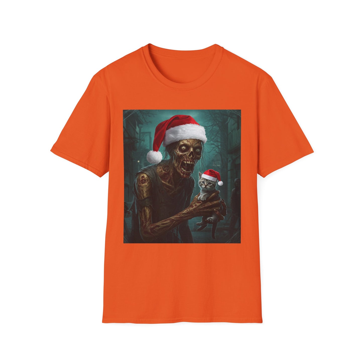 Cat Funny Santa Skeleton Apocalyptic Portrait Tee, bold, decaying zombie graphic