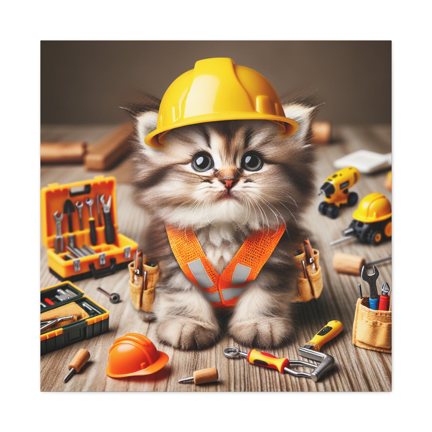 Cute Cat Construction Canvas Art - 12x12 Stretched Matte Wall Decor