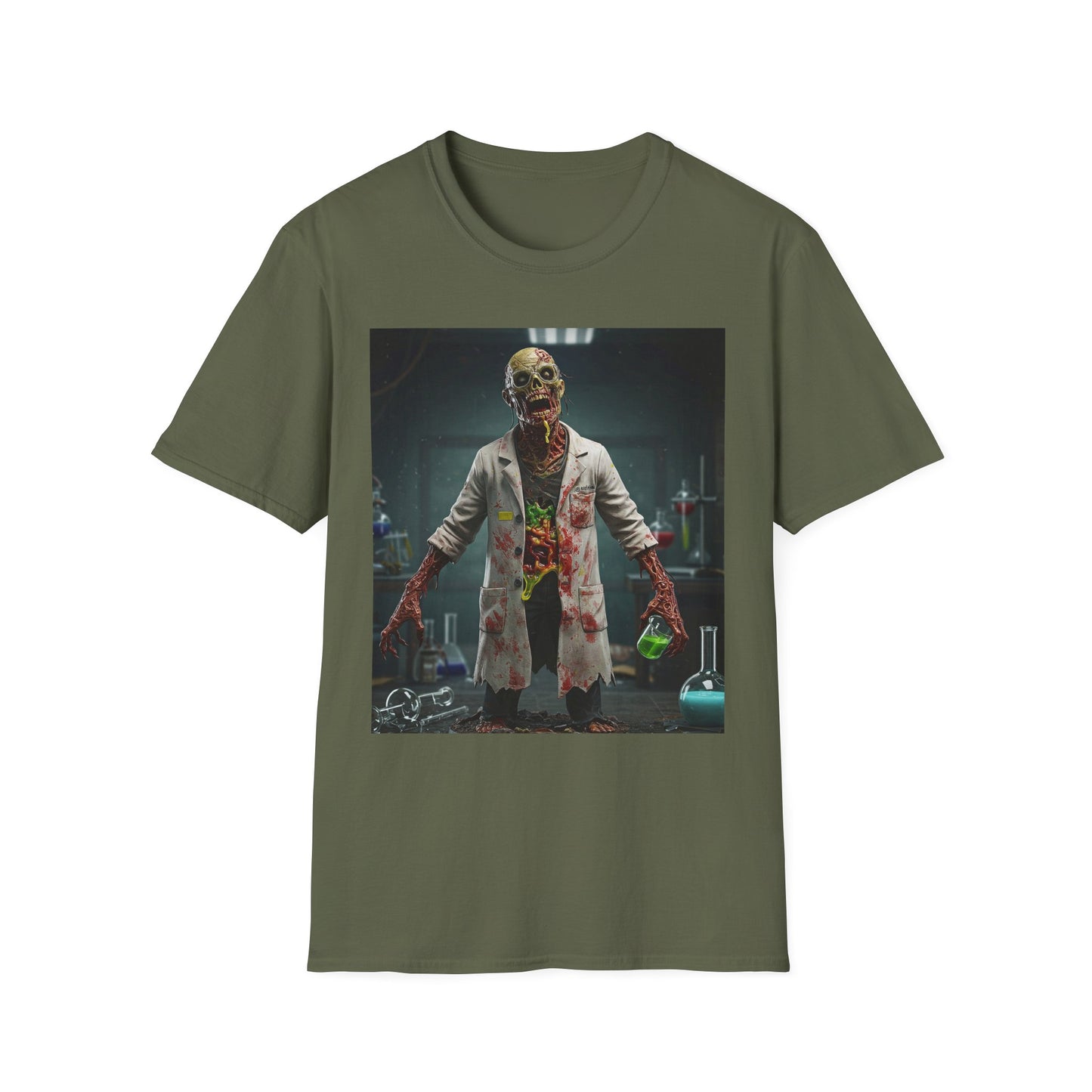 Zombie Scientist Unisex Softstyle T-Shirt - Perfect for Halloween and Horror Fans