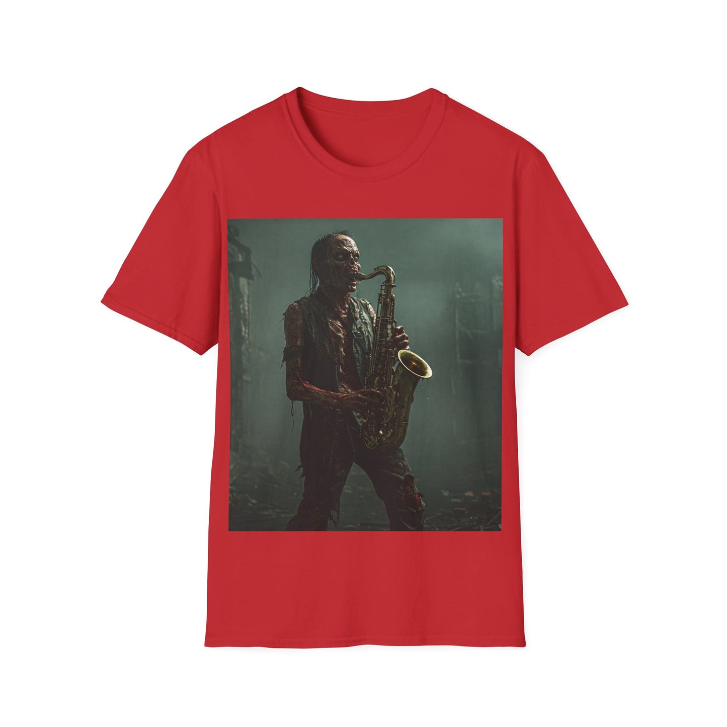 UK - Zombie Jazz Musician Apocalyptic Portrait Tee, bold, decaying zombie graphic