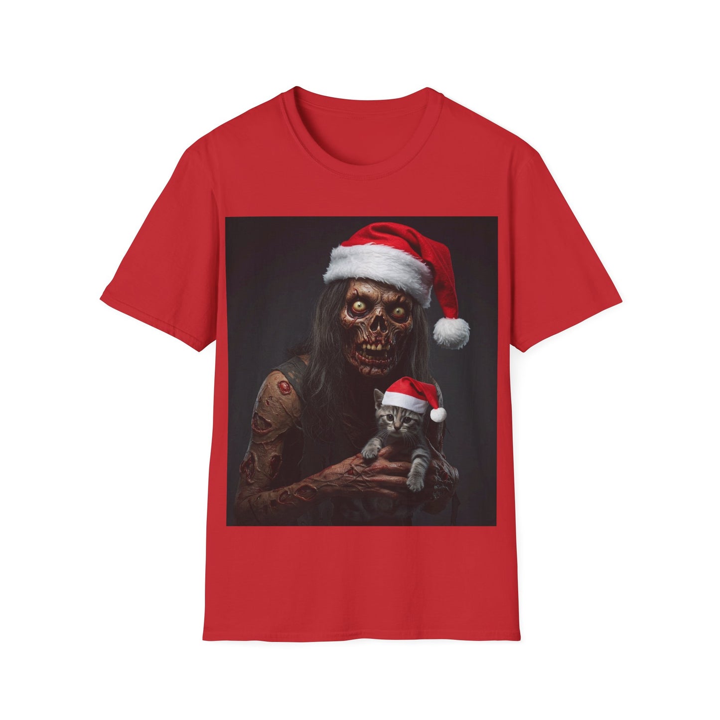 UK - Festive Zombie and Cat Apocalyptic Portrait Tee, bold, decaying zombie graphic