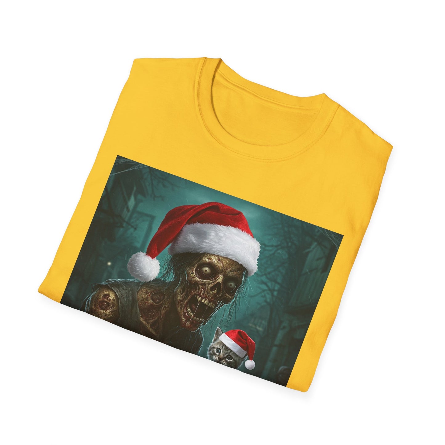 Cat Funny Santa Skeleton Apocalyptic Portrait Tee, bold, decaying zombie graphic