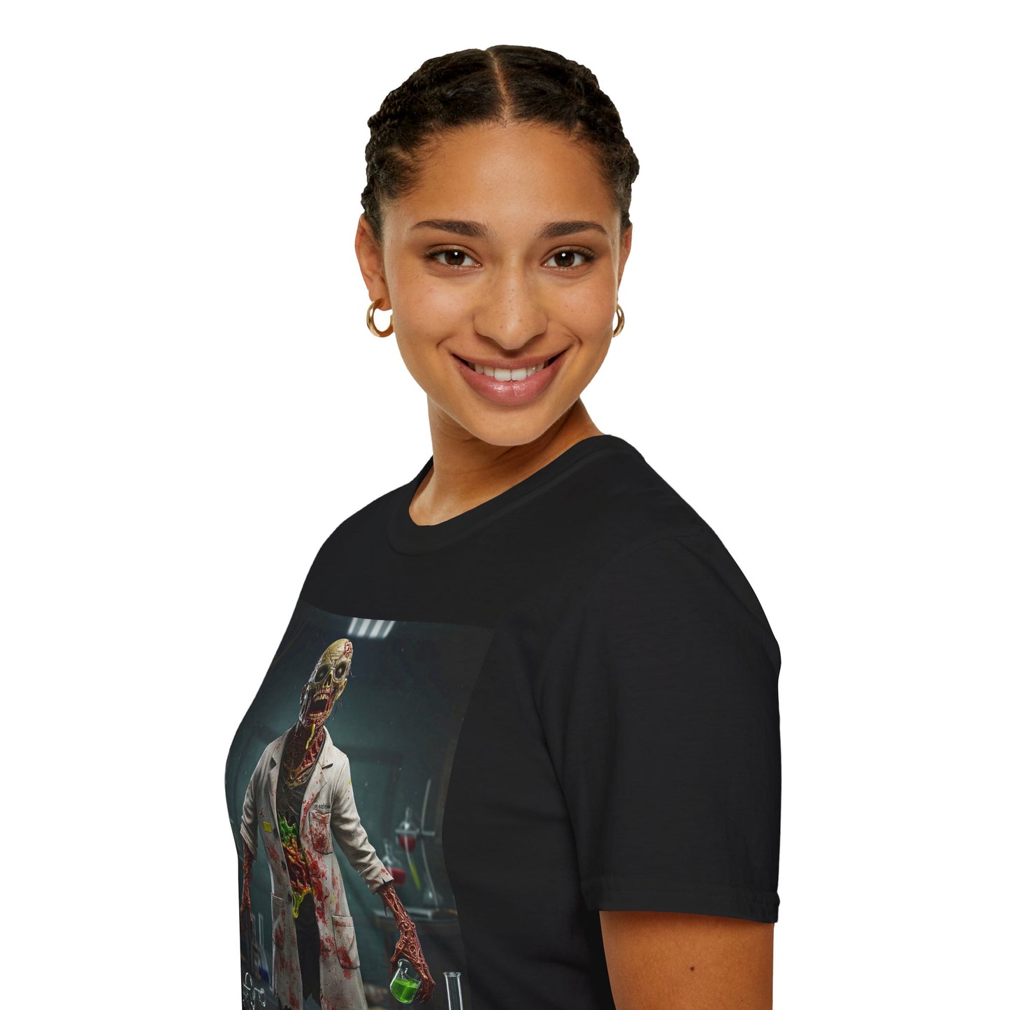 Zombie Scientist Unisex Softstyle T-Shirt - Perfect for Halloween and Horror Fans