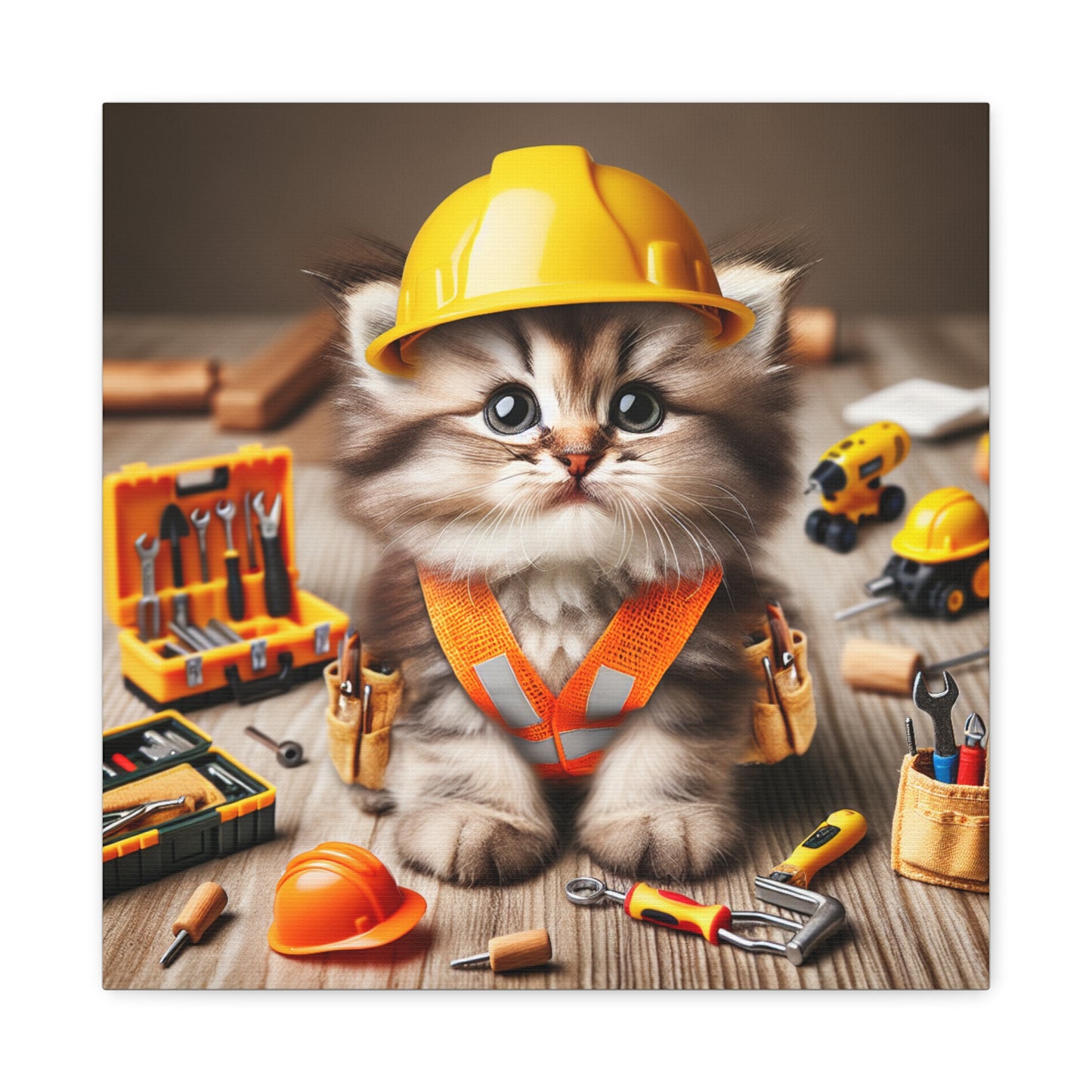 Cute Cat Construction Canvas Art - 12x12 Stretched Matte Wall Decor