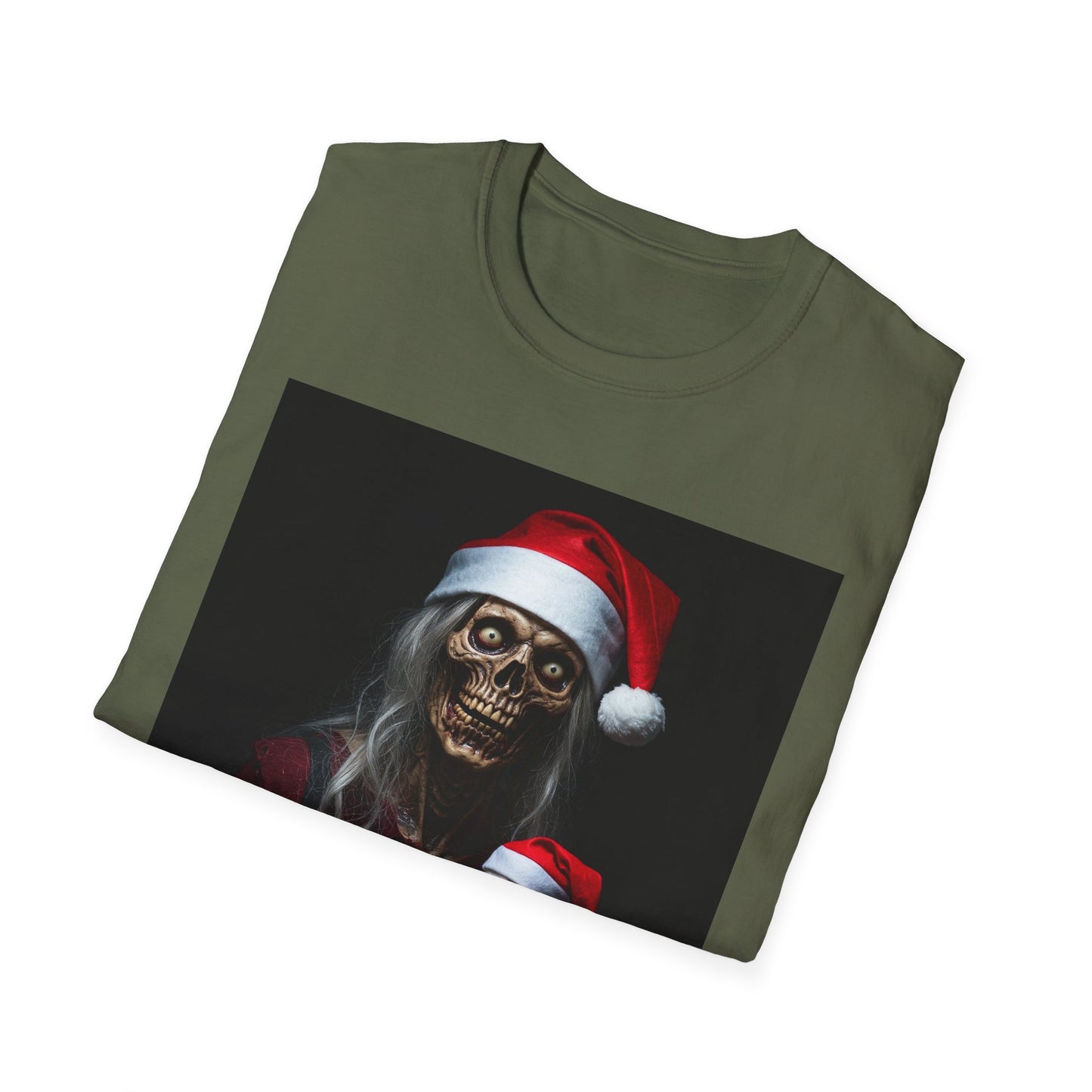 Cat Spooky Santa Skeleton Apocalyptic Portrait Tee, bold, decaying zombie graphic