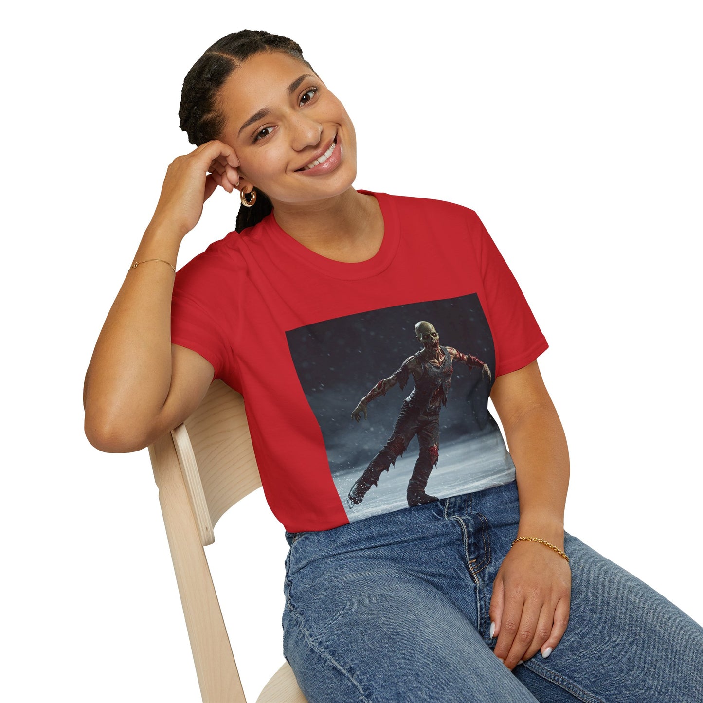 Chilling Thriller Unisex Softstyle T-Shirt - Ice Skating Horror Design