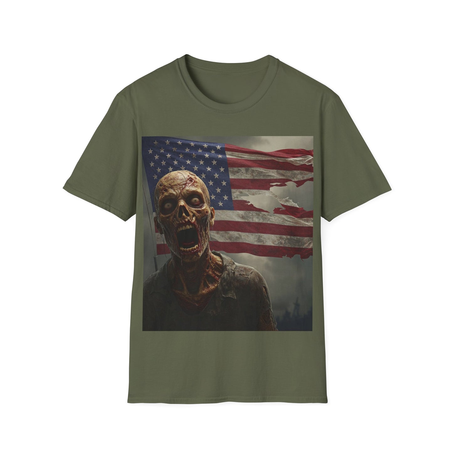 UK - Zombie American Flag Apocalyptic Portrait Tee, bold, decaying zombie graphic