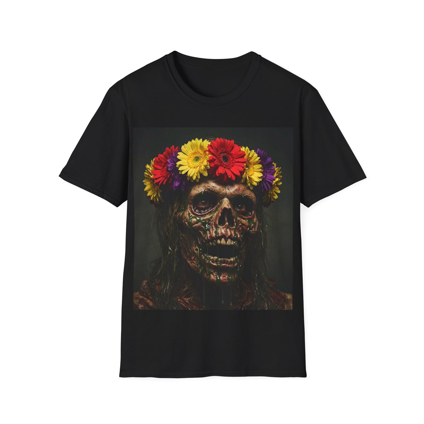 UK - Day of the Dead Floral Skull Apocalyptic Portrait Tee, bold, decaying zombie graphic