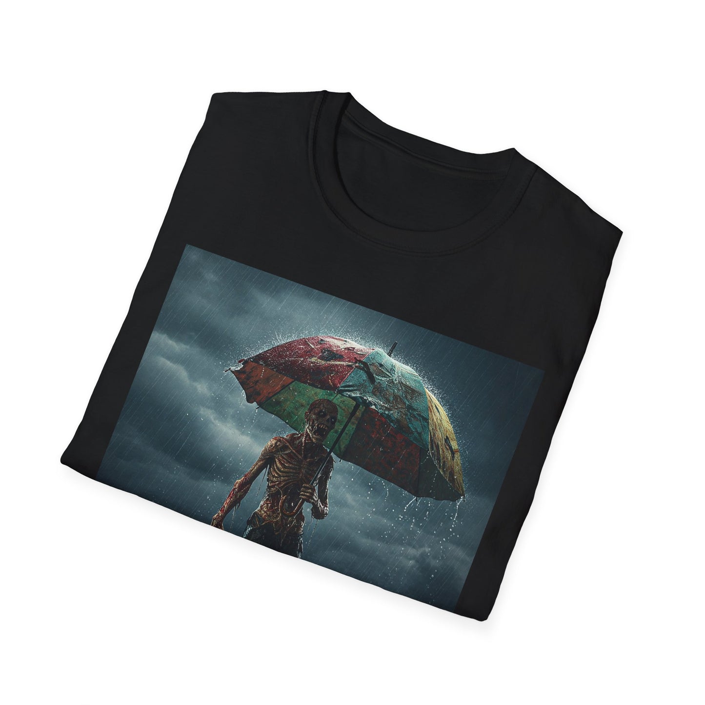 Unisex Softstyle T-Shirt - Creepy Skeleton with Umbrella Design - Perfect for Halloween