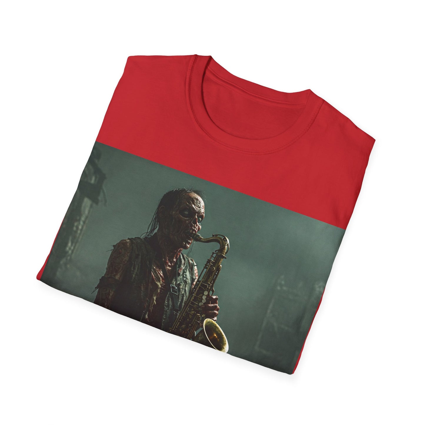 UK - Zombie Jazz Musician Apocalyptic Portrait Tee, bold, decaying zombie graphic