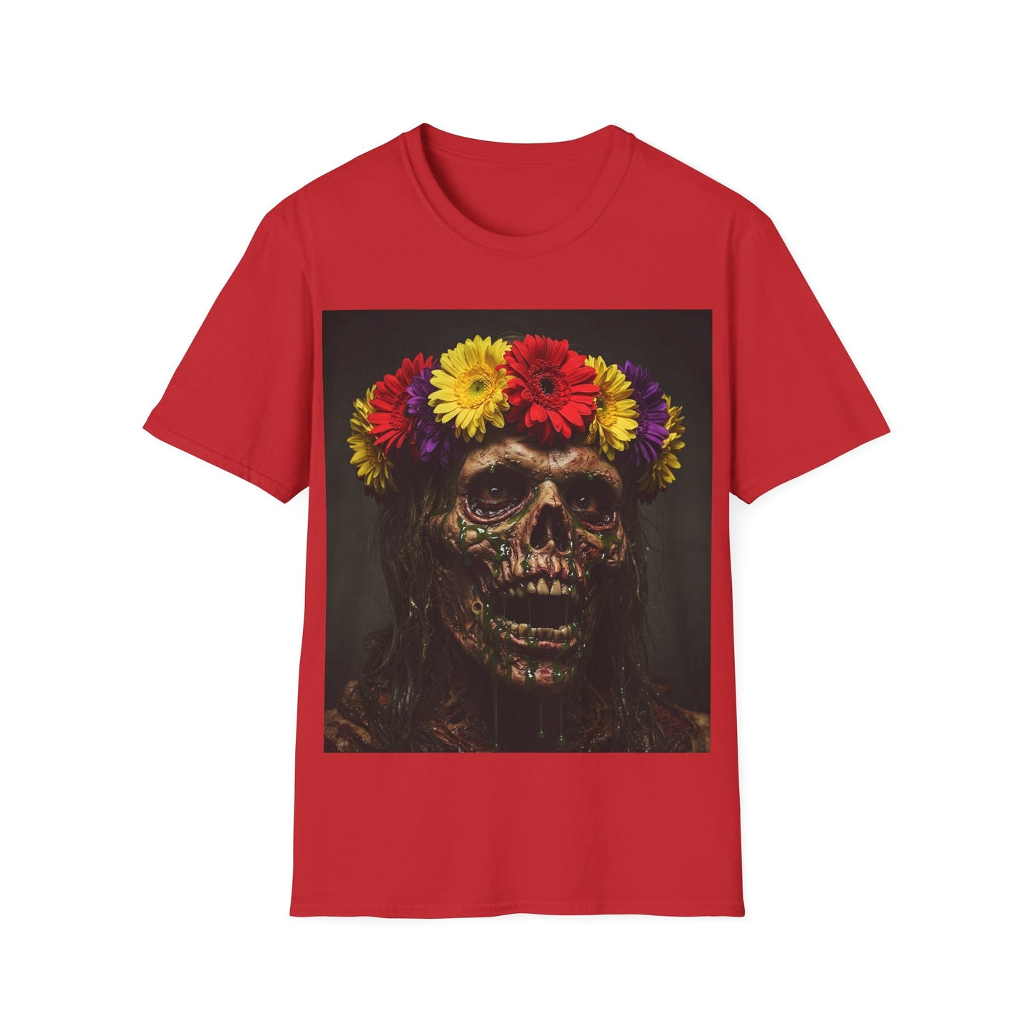UK - Day of the Dead Floral Skull Apocalyptic Portrait Tee, bold, decaying zombie graphic