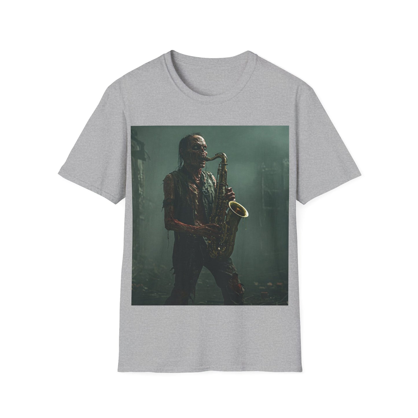 UK - Zombie Jazz Musician Apocalyptic Portrait Tee, bold, decaying zombie graphic