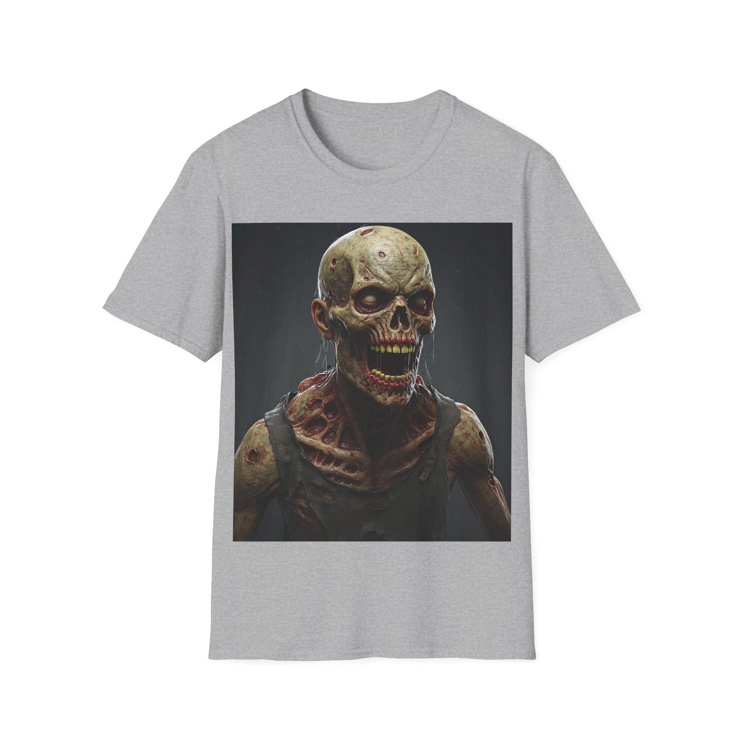 UK - Unisex Softstyle T-Shirt with Creepy Zombie Graphic - Perfect for Halloween and Horror Fans