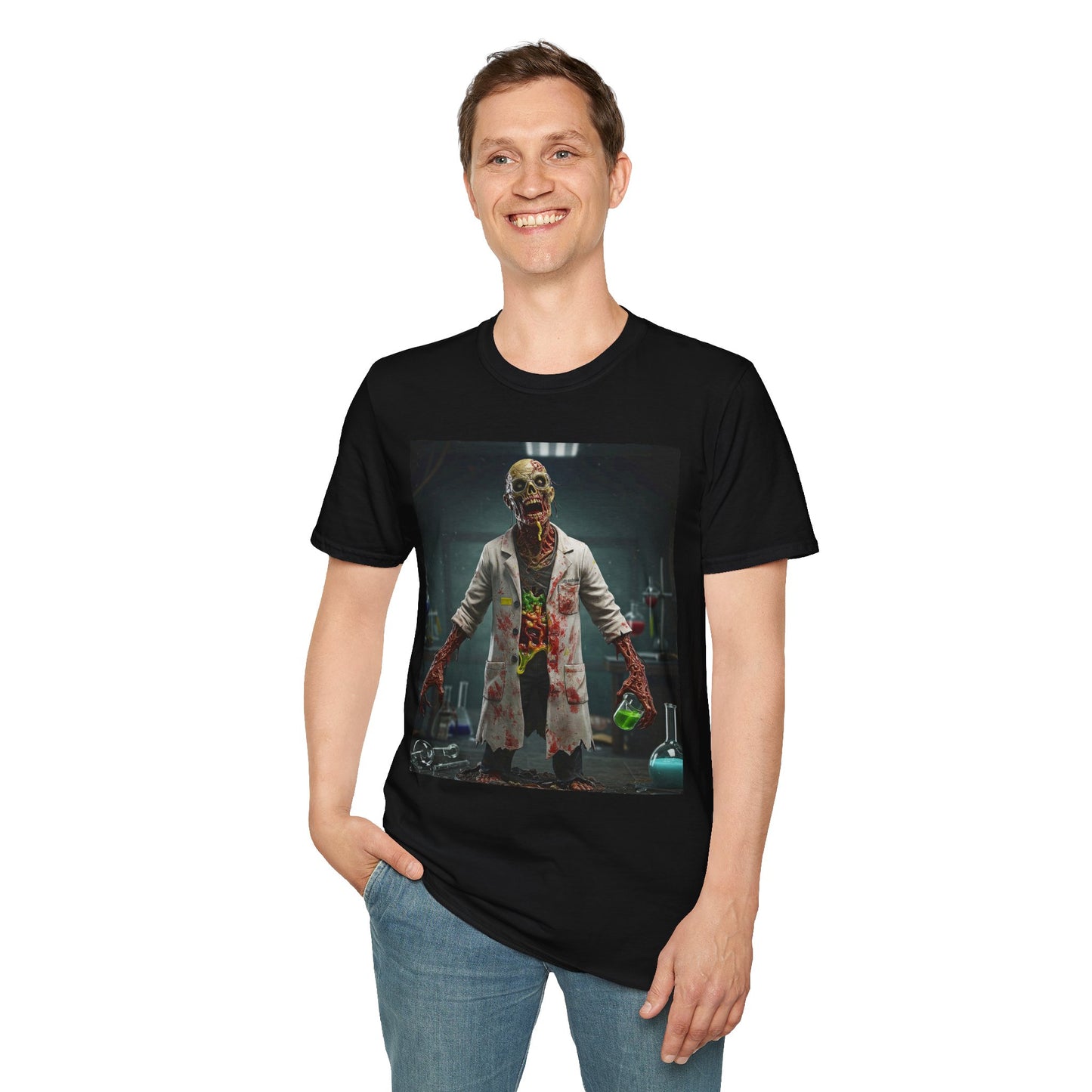 Zombie Scientist Unisex Softstyle T-Shirt - Perfect for Halloween and Horror Fans