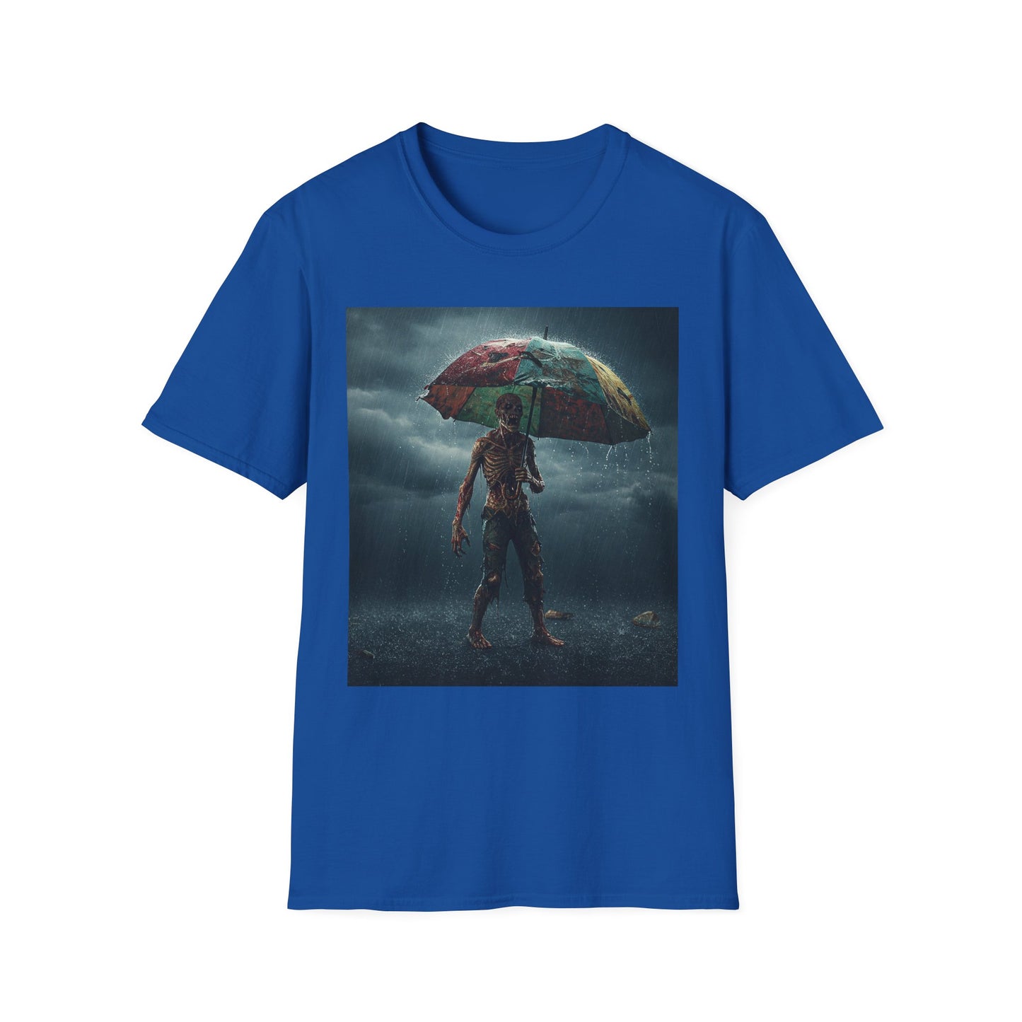 Unisex Softstyle T-Shirt - Creepy Skeleton with Umbrella Design - Perfect for Halloween