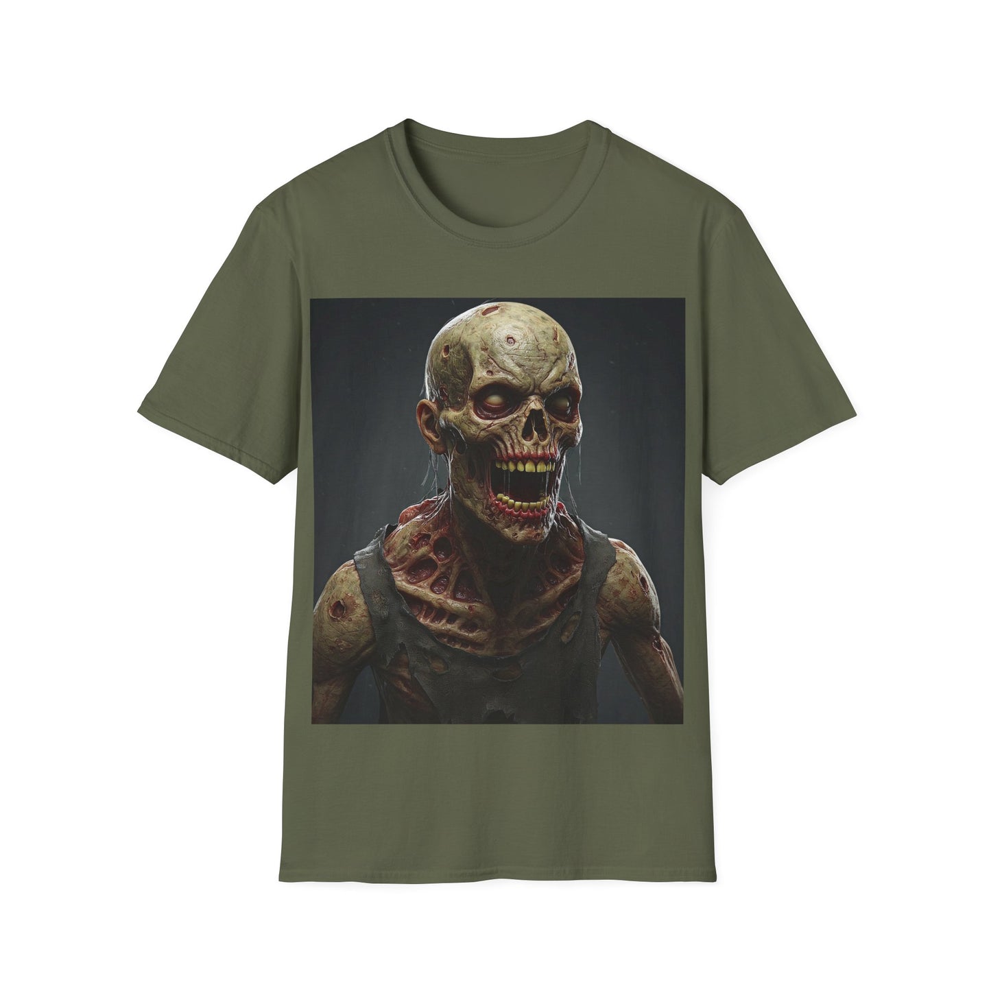 UK - Unisex Softstyle T-Shirt with Creepy Zombie Graphic - Perfect for Halloween and Horror Fans