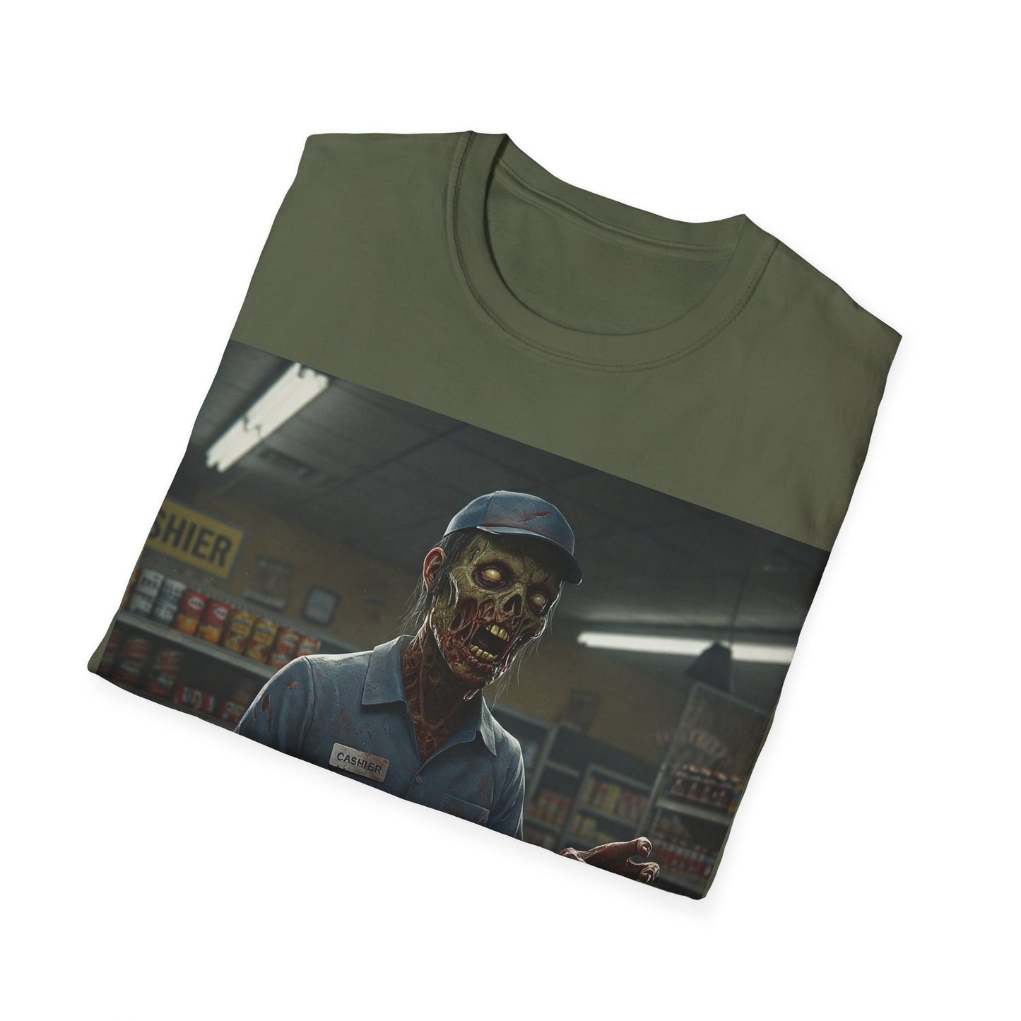 UK - Horror-Inspired Unisex Softstyle T-Shirt - Creepy Grocery Clerk Design